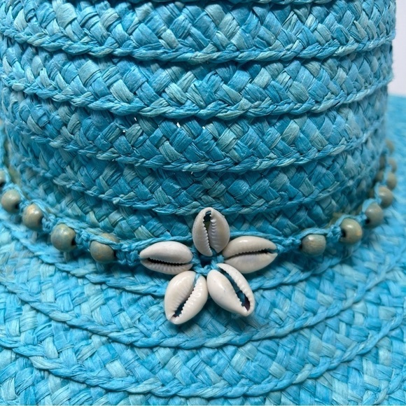 Vintage Light Sky Blue Sun Hat with Genuine Shell Design Summer Vacation Beach - Picture 4 of 15